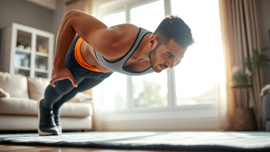 Person in athletic wear doing a push-up in their living room with natural morning light coming through the window, focused expression, comfortable home environment