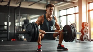 Athletic person doing a weighted squat with perfect form in a modern gym with natural lighting, showing strength and determination