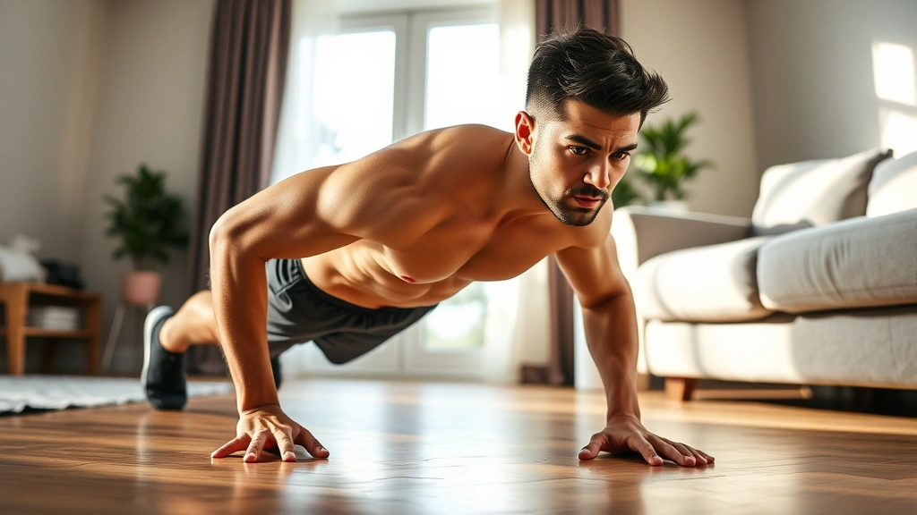 Athletic person doing a perfect push-up with excellent form on a living room floor, natural lighting from window, focused expression, athletic build
