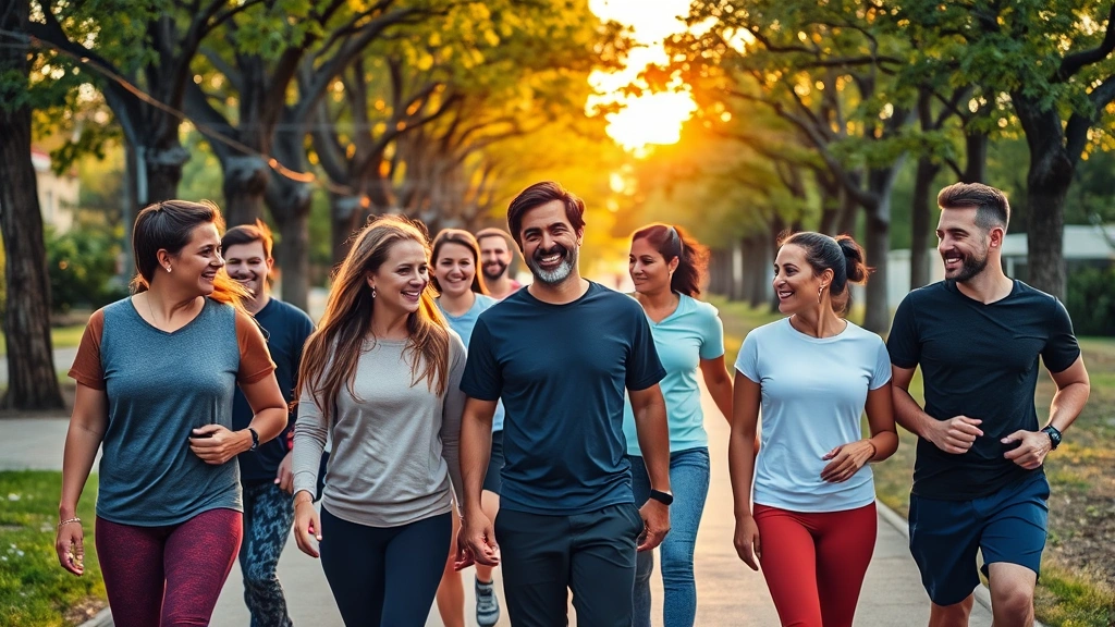 Group of diverse people walking together on a tree-lined path during golden hour, casual athletic wear, genuine smiles and conversation, outdoor community setting