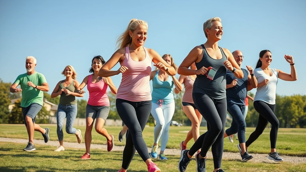 Diverse group of people exercising outdoors on a sunny day—different ages, body types, fitness levels—all moving with genuine enjoyment and community