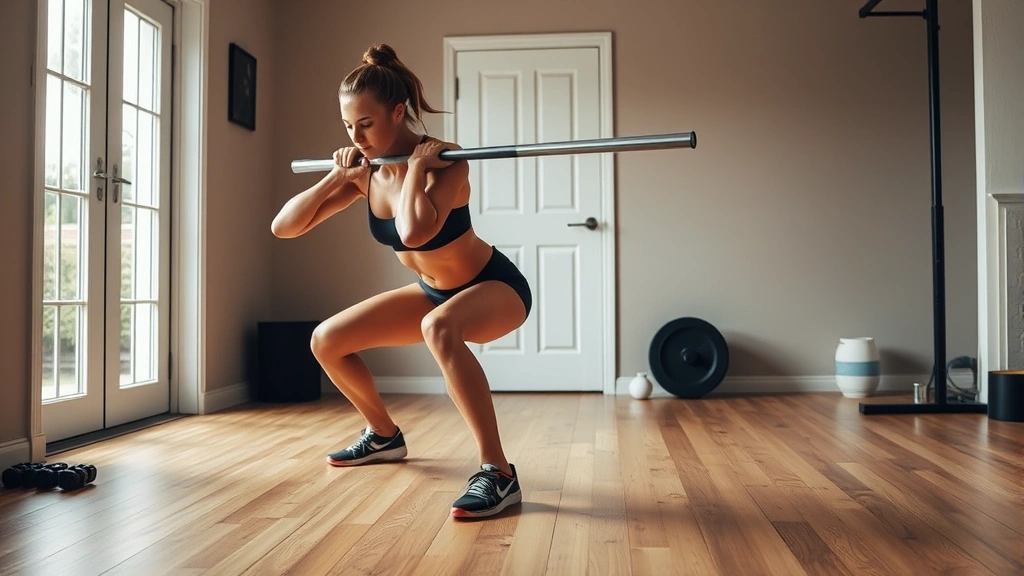 Woman performing a challenging single-leg squat (pistol squat) in a home gym space with wooden floors, strong leg muscles visible, concentrated determination