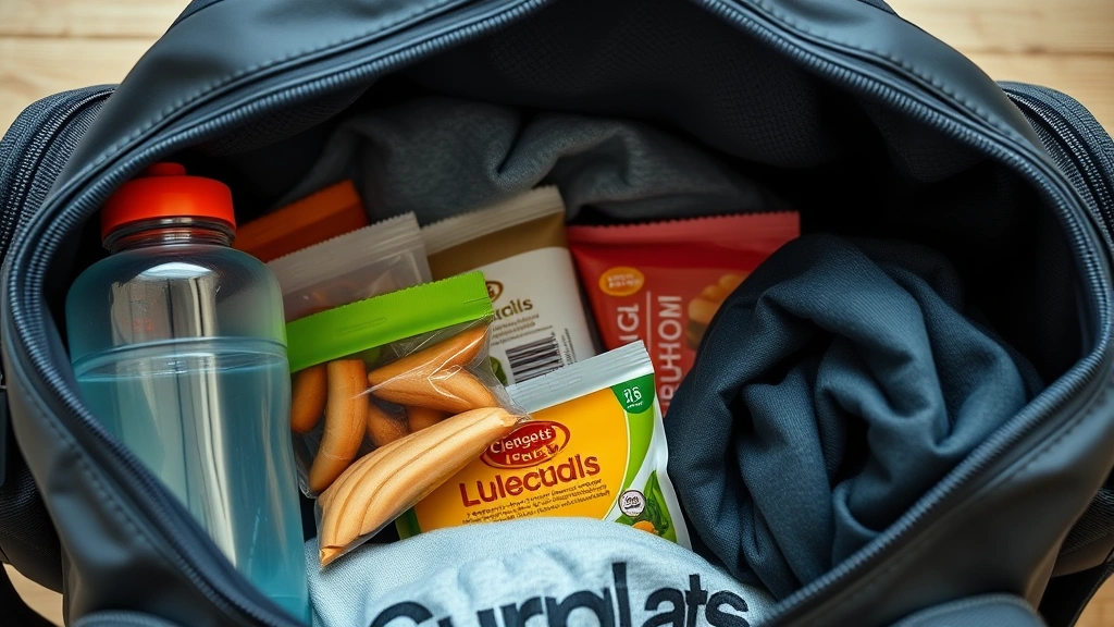Close-up of someone's gym bag packed with water bottle, healthy snacks, and workout clothes ready for the next session, organized and prepared