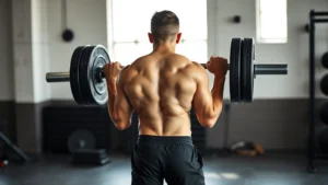 Athletic person performing a barbell deadlift with perfect form in a well-lit gym, showing engaged core and neutral spine, sweat visible on their back, concrete gym floor, natural daylight from windows