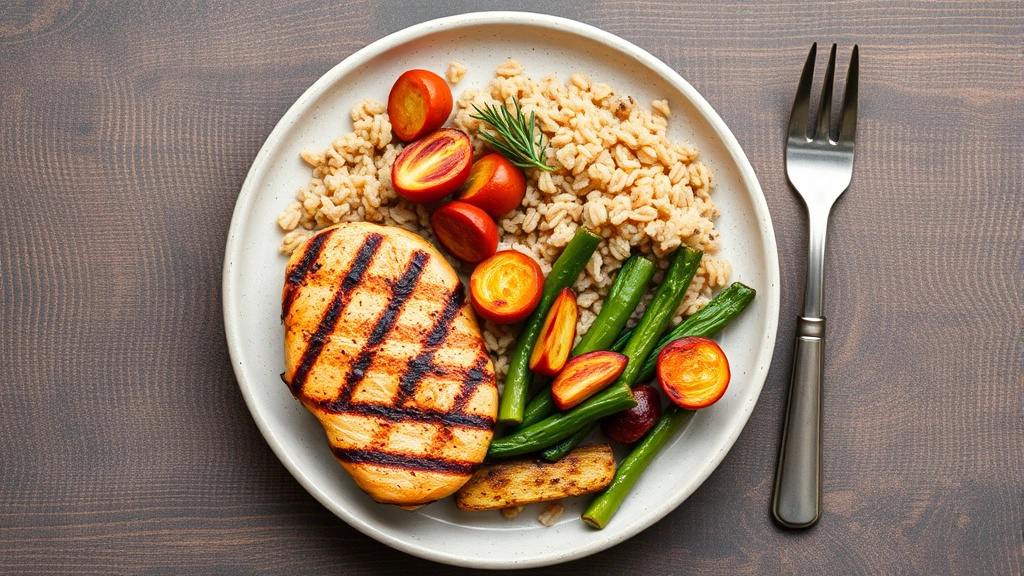 Overhead shot of a balanced meal plate with grilled chicken breast, brown rice, and roasted vegetables representing nutritious muscle-building food