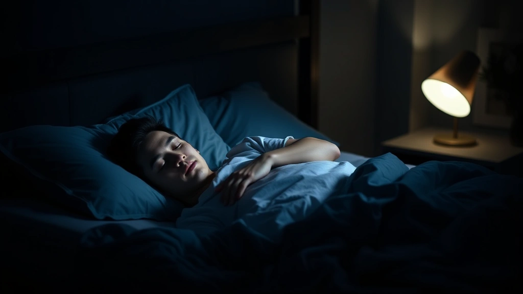 Person sleeping peacefully in a dark bedroom with soft lighting, representing recovery and rest as essential for muscle growth