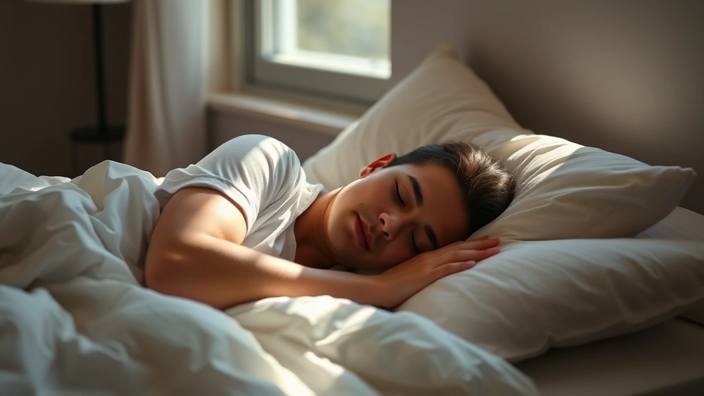 Person sleeping peacefully in bed with white sheets and pillows, morning sunlight streaming through bedroom window, peaceful expression, cozy bedroom environment, natural morning light