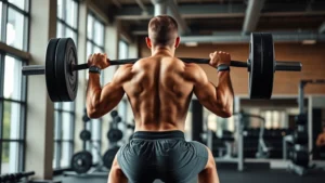 Fit person doing a barbell back squat in a modern gym with natural lighting, focused expression, proper form, athletic wear, no visible weights or numbers