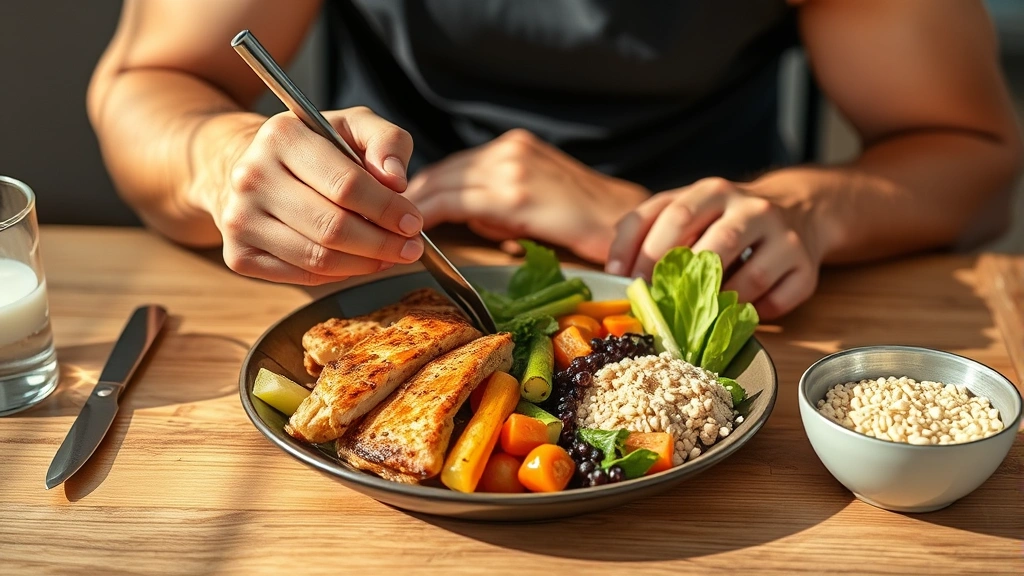 Athlete eating a balanced meal with protein, vegetables, and whole grains at a table, natural lighting, no visible nutrition labels or macros
