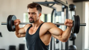 A person performing a compound strength exercise with perfect form, focused expression, natural gym lighting, showing controlled movement and proper posture, no equipment displays or numbers visible
