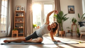 Person stretching on a yoga mat in a sunlit living room, morning light through windows, peaceful and focused expression, natural home setting with plants visible