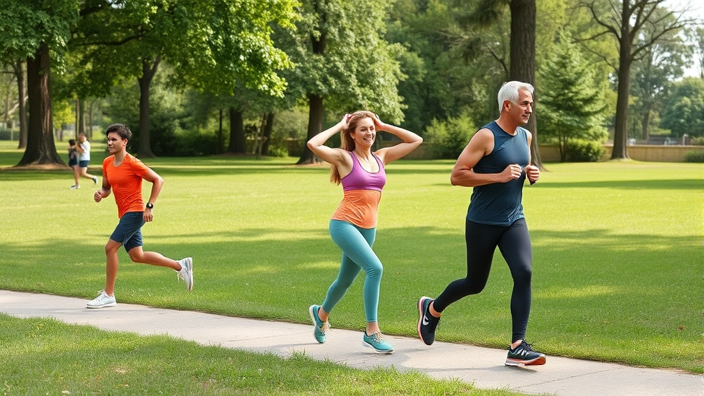 Diverse group of people of different ages doing varied workouts in a park—one jogging, one doing bodyweight exercises, one walking—showing different fitness levels and styles in nature