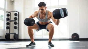 Person doing a dumbbell squat in a bright gym with natural light, focused form, athletic wear, mid-movement showing power and control