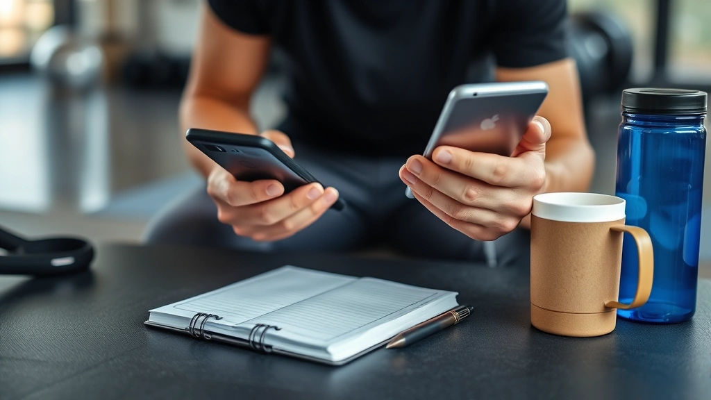Someone checking their phone with a notebook and pen nearby, tracking workout progress, casual gym setting with water bottle, coffee mug, showing organization
