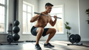 Athletic person performing a bodyweight squat in a bright, modern home gym with natural light streaming through windows, showing proper form and determination