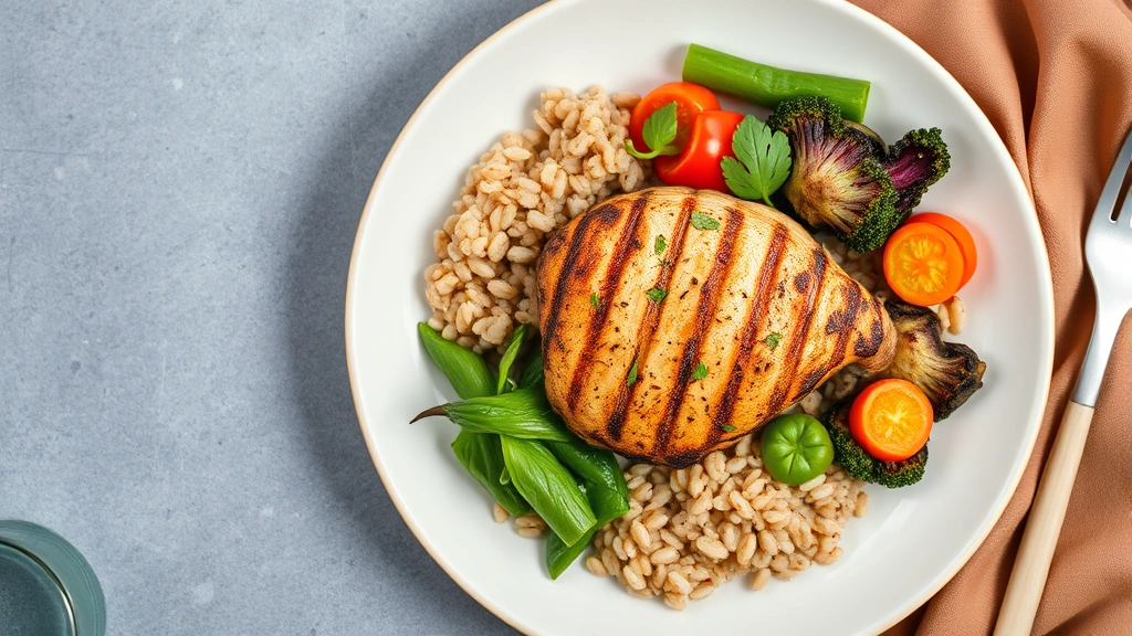 Overhead shot of a colorful plate of balanced meal with grilled chicken, vegetables, and whole grains, fitness nutrition concept