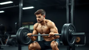 Athletic person performing a barbell squat with perfect form in a well-lit gym, muscles engaged, focused expression, professional lighting
