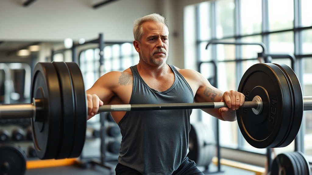 Fit 45-year-old man performing a deadlift in a modern gym, focused expression, proper form, natural lighting
