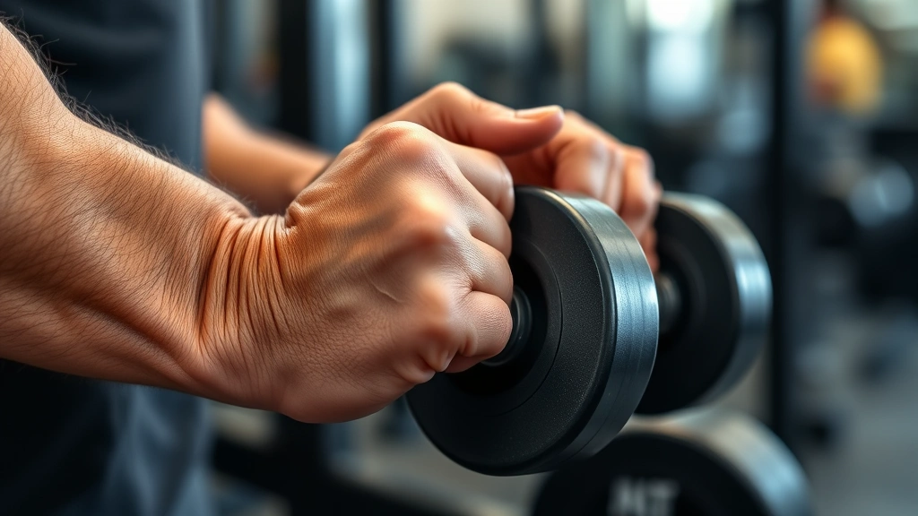 Close-up of hands gripping a dumbbell mid-lift, sweat visible, gym background blurred, showing effort and intensity