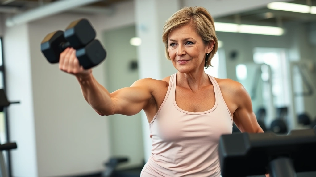 Mature woman doing a dumbbell chest press on a bench, strong and confident, well-lit fitness facility