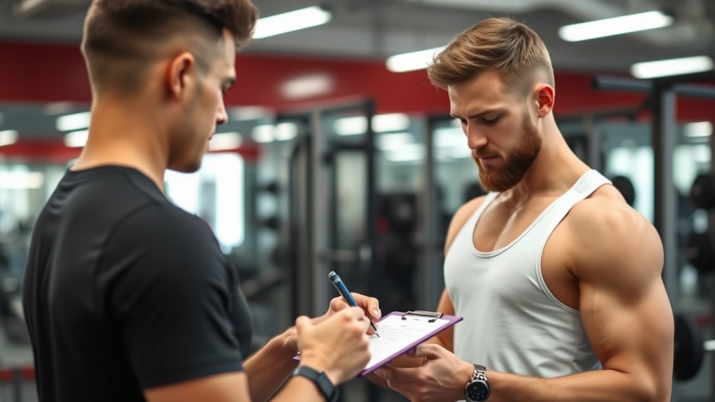 Fit individual checking notes on clipboard after workout, relaxed posture, gym setting, recording progress and metrics