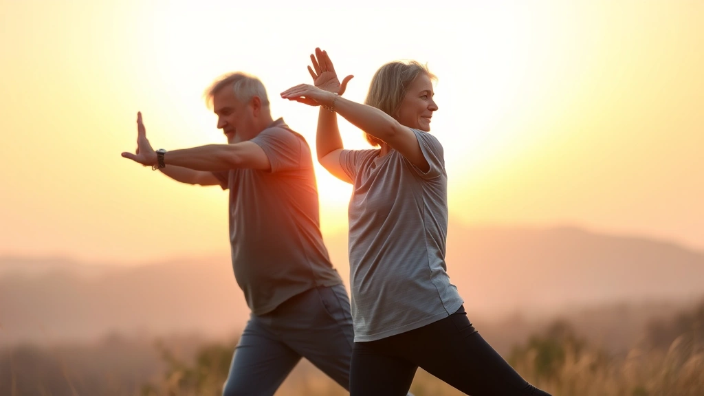 Middle-aged couple stretching together outdoors at sunrise, healthy lifestyle, peaceful background