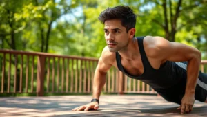 Person doing a push-up on a sunny outdoor deck with trees in background, athletic wear, focused expression, natural daylight