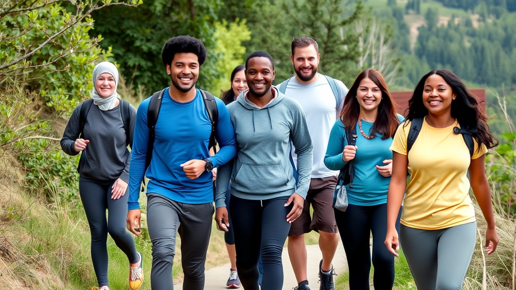 Group of diverse people walking outdoors on a trail, smiling, casual athletic wear, natural scenery, genuine community vibe