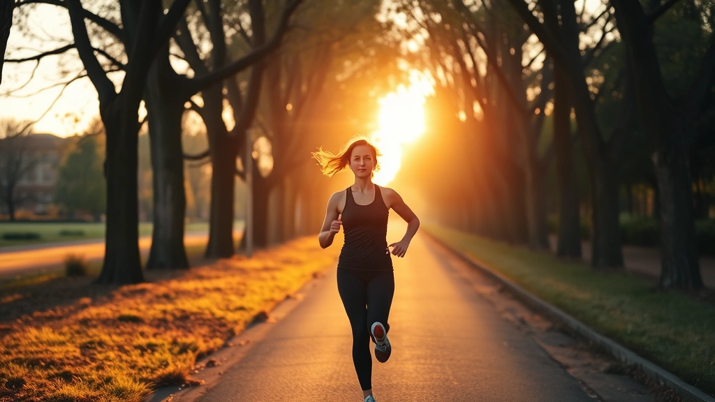 Woman jogging on a tree-lined path at sunrise, athletic gear, peaceful morning atmosphere, natural golden light