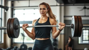 Woman performing a barbell deadlift in a gym, focused expression, proper form with neutral spine, wearing athletic wear, natural gym lighting