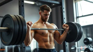 Fit person adjusting barbell weight on squat rack in well-lit gym, focused expression, athletic build, realistic lighting