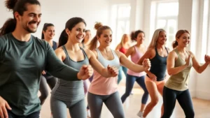Diverse group of people doing a group fitness class together in a bright studio, smiling and engaged, mid-workout with natural movement and energy