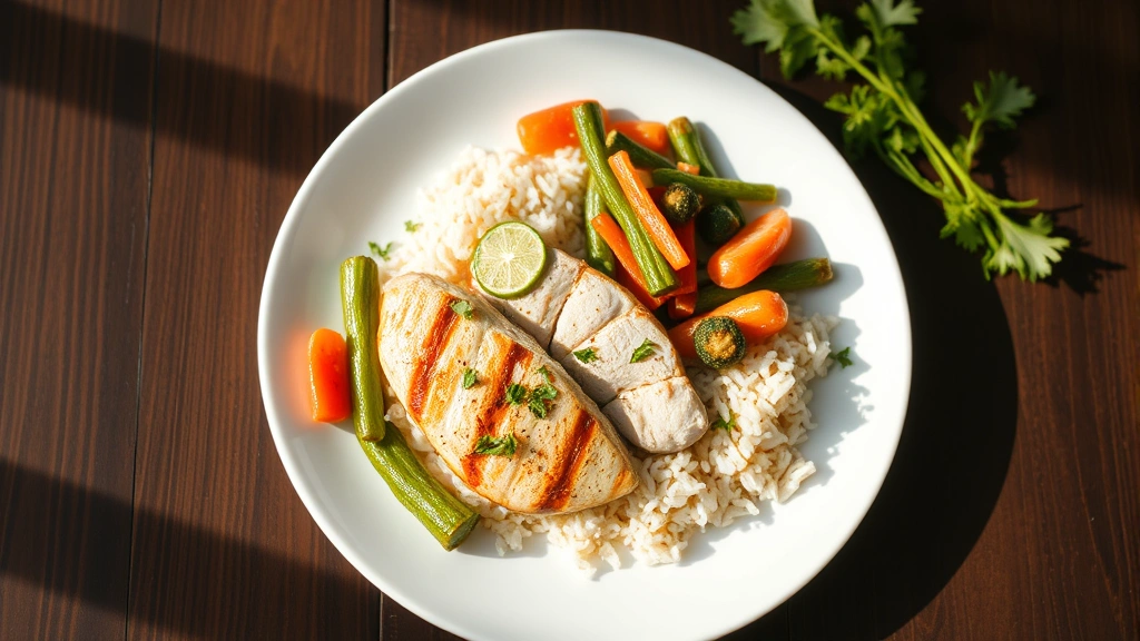 Overhead view of a protein-rich meal with chicken breast, rice, and vegetables on a clean white plate, fresh ingredients visible, natural daylight