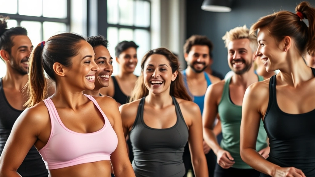 Diverse group of people in a fitness class laughing together, genuine smiles, mid-workout energy, bright gym environment