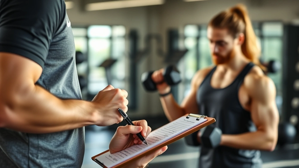 Trainer writing in workout log while client performs dumbbell exercise in background, clipboard with pen, gym setting, natural light