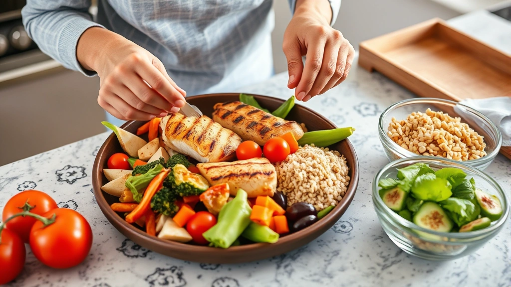 Person preparing a balanced meal with grilled chicken, vegetables, and whole grains on a kitchen counter with natural lighting