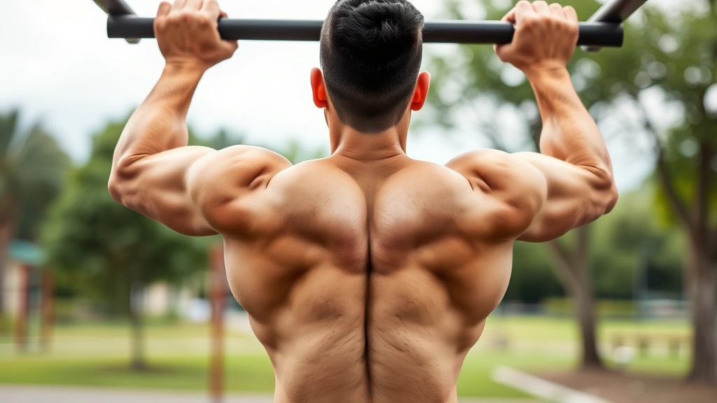 Person doing a pull-up on a bar with defined back muscles visible, outdoor gym or park setting, confident form, athletic build
