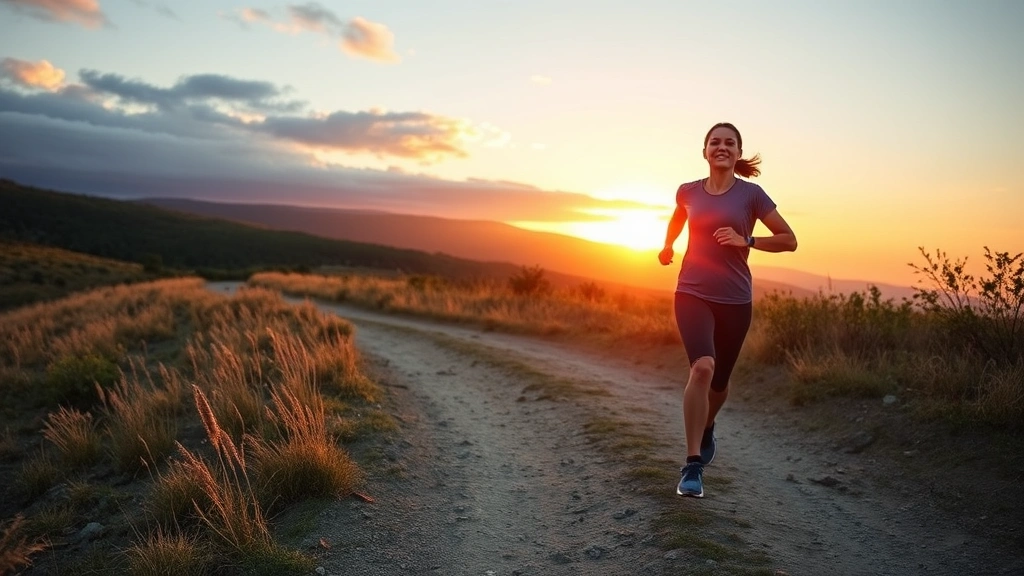 Solo runner on a scenic trail at sunset, earbuds in, confident stride, natural landscape background