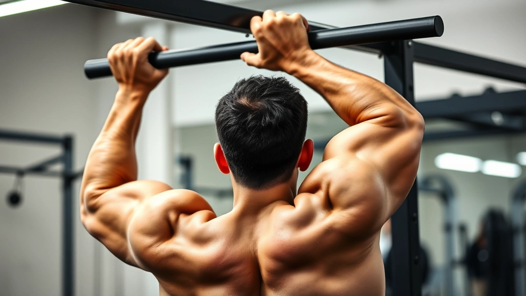 Person performing pull-up with controlled form, strong grip, gym environment, muscular definition visible, dynamic movement captured
