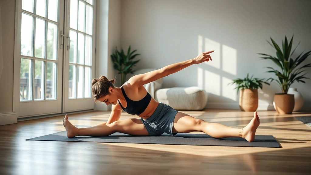Athlete stretching and recovering on a yoga mat in a calm, peaceful home environment with soft natural light coming through windows