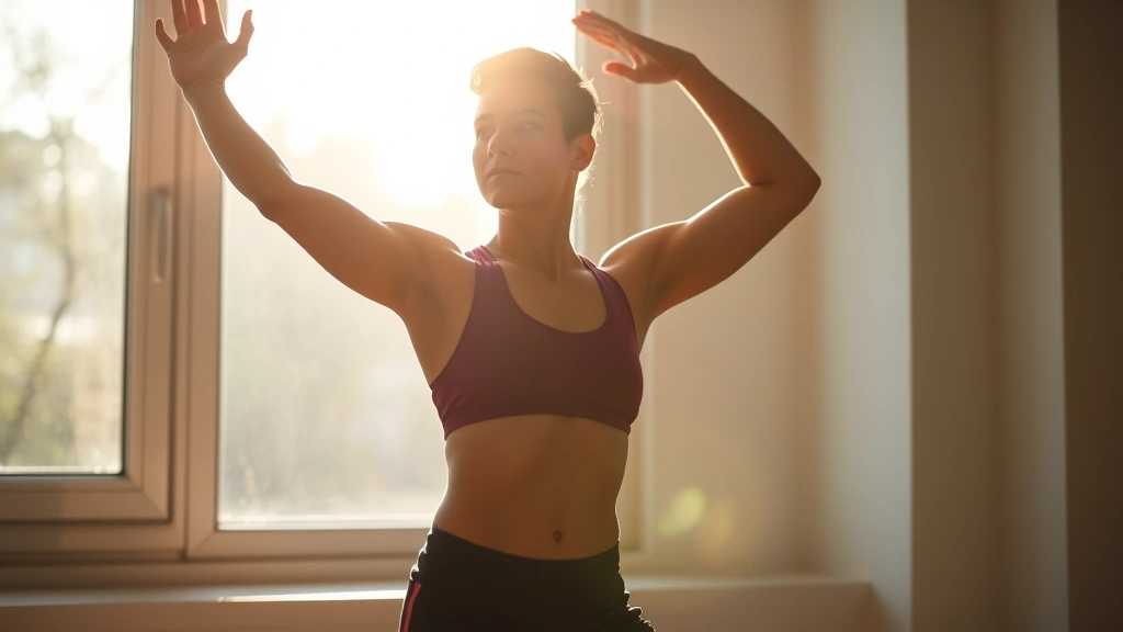 Person in athletic wear stretching in morning sunlight near a window, looking calm and focused before their workout routine
