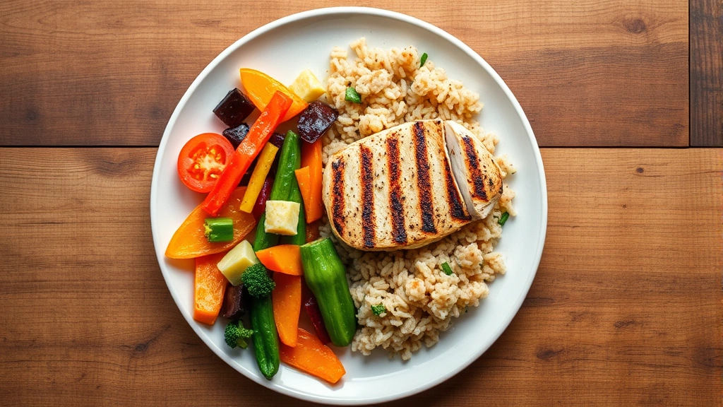Overhead shot of a balanced meal plate with grilled chicken breast, brown rice, and colorful vegetables on a wooden table