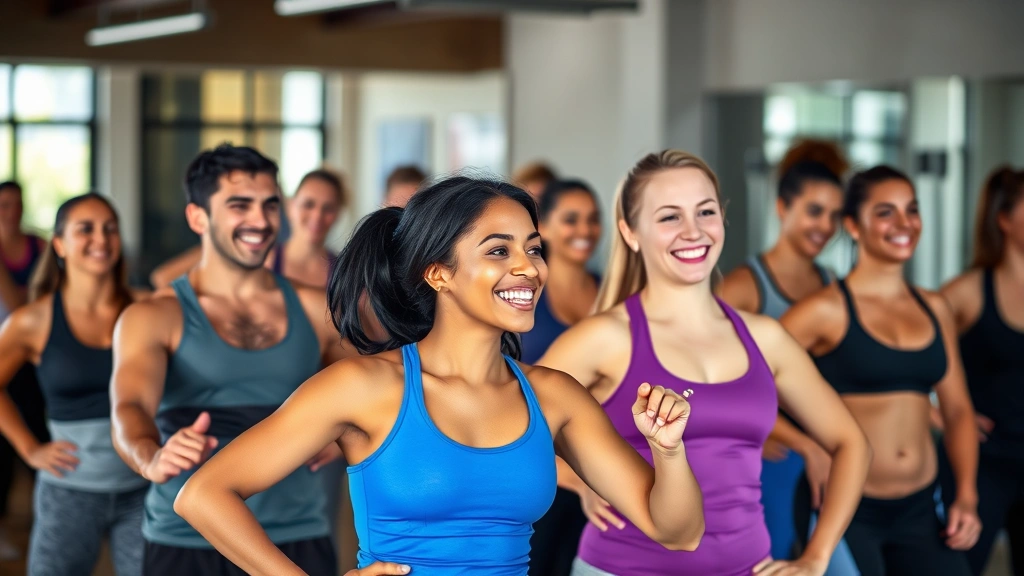 Diverse group of people in a fitness class or gym setting, smiling and encouraging each other during a group workout session