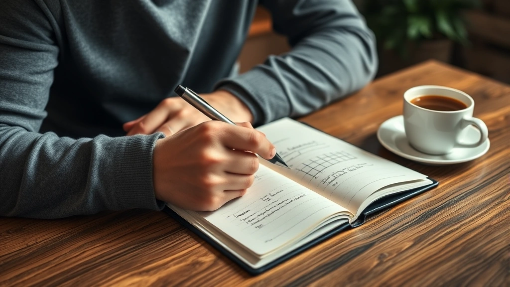 Someone writing in a fitness journal or tracking their workout progress with a pen, coffee nearby, cozy home environment