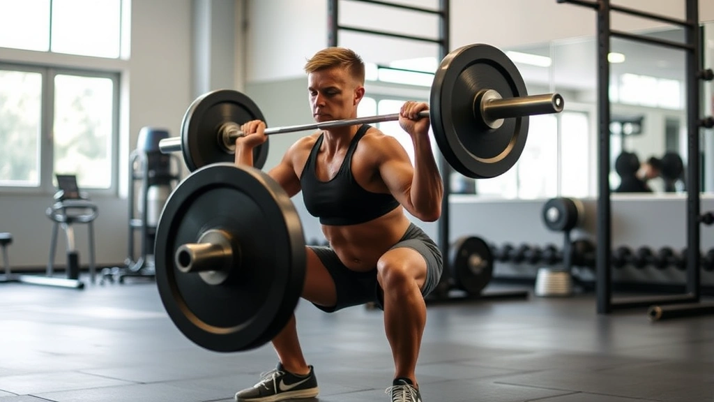 Person performing a barbell squat with proper form in a well-lit gym, wearing athletic clothing, focused and controlled movement