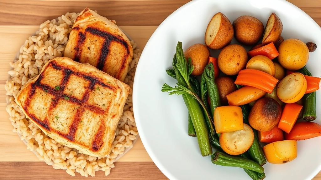 Overhead view of a balanced meal plate with grilled chicken breast, brown rice, and roasted vegetables on a white plate