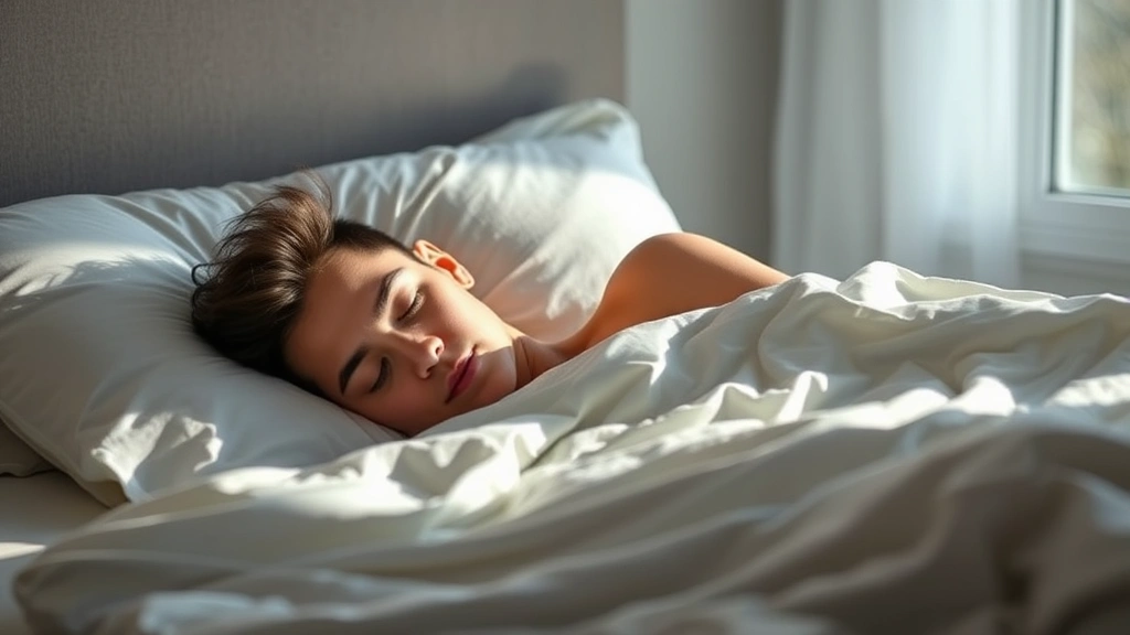 Person sleeping peacefully in bed with natural morning light coming through window, showing peaceful rest and recovery