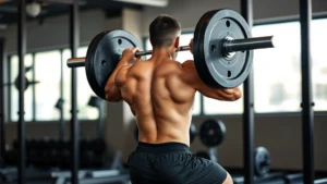 Person performing a heavy barbell back squat with perfect form, intense focus, gym setting with natural lighting, muscular physique