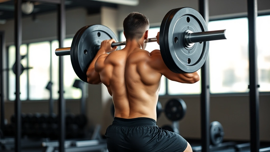 Person performing a heavy barbell back squat with perfect form, intense focus, gym setting with natural lighting, muscular physique