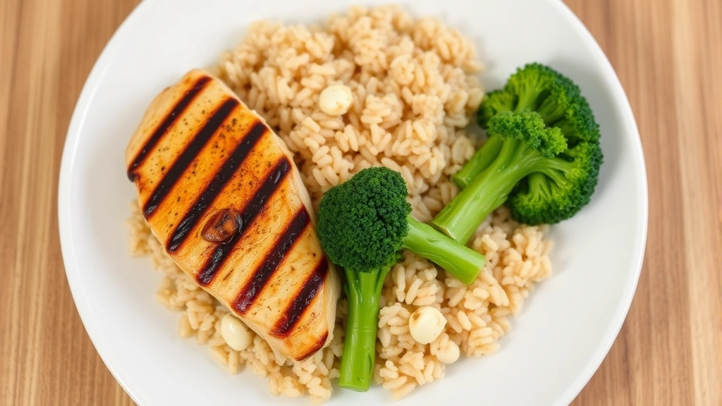 Overhead shot of a balanced meal plate with grilled chicken breast, brown rice, and steamed broccoli on white ceramic plate